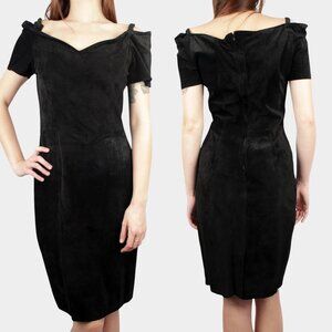 Vintage 80s Firenze Suede Off-the-Shoulder Dress, Little Black Dress Size M